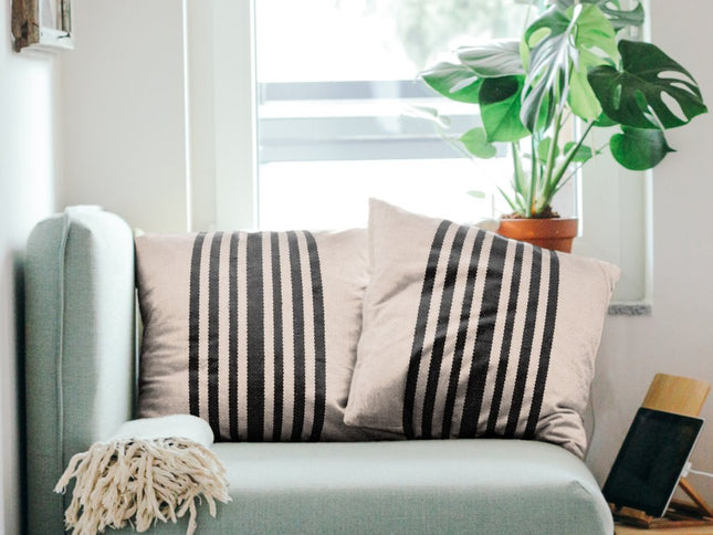 Set of Two 22" White And Black Striped Cotton Throw Pillow Covers