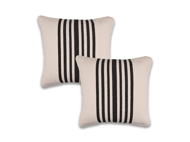 Set of Two 22" White And Black Striped Cotton Throw Pillow Covers