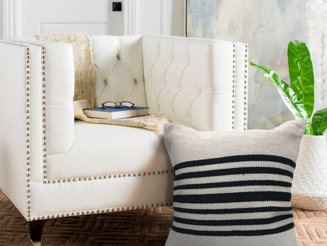 Set of Two 22" White And Black Striped Cotton Throw Pillow Covers