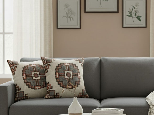 Set of Two 18" Brown And Beige Geometric Cotton Throw Pillow Covers