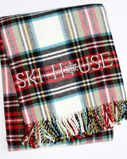 55" X 70" Black Red And White Plaid Cotton Blend Ski House Embroidered Throw Blanket with Fringe