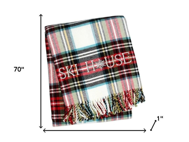 55" X 70" Black Red And White Plaid Cotton Blend Ski House Embroidered Throw Blanket with Fringe