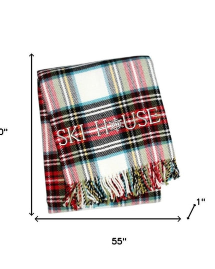 55" X 70" Black Red And White Plaid Cotton Blend Ski House Embroidered Throw Blanket with Fringe