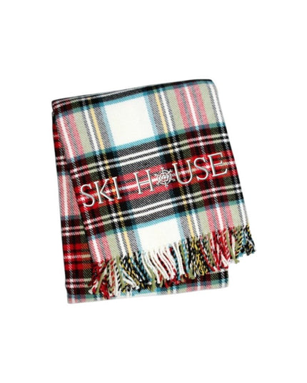 55" X 70" Black Red And White Plaid Cotton Blend Ski House Embroidered Throw Blanket with Fringe