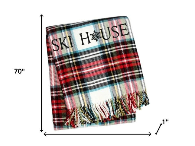 55" X 70" Black Red And White Plaid Cotton Blend Ski House Embroidered Throw Blanket with Fringe
