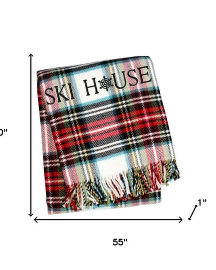 55" X 70" Black Red And White Plaid Cotton Blend Ski House Embroidered Throw Blanket with Fringe