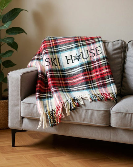 55" X 70" Black Red And White Plaid Cotton Blend Ski House Embroidered Throw Blanket with Fringe