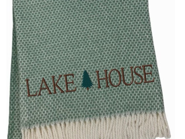55" X 70" Sage And White Cotton Blend Lake House Embroidered Throw Blanket with Fringe