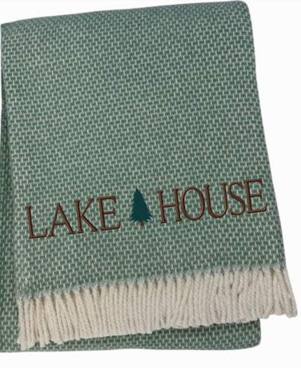 55" X 70" Sage And White Cotton Blend Lake House Embroidered Throw Blanket with Fringe