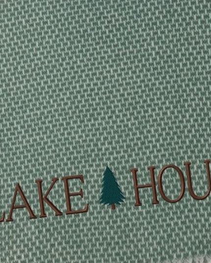 55" X 70" Sage And White Cotton Blend Lake House Embroidered Throw Blanket with Fringe