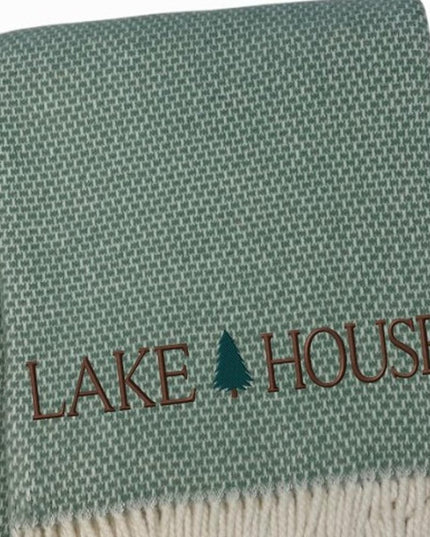 55" X 70" Sage And White Cotton Blend Lake House Embroidered Throw Blanket with Fringe