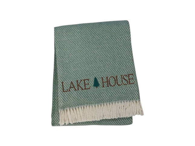 55" X 70" Sage And White Cotton Blend Lake House Embroidered Throw Blanket with Fringe