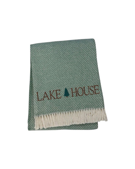 55" X 70" Sage And White Cotton Blend Lake House Embroidered Throw Blanket with Fringe