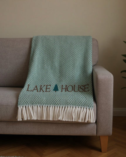 55" X 70" Sage And White Cotton Blend Lake House Embroidered Throw Blanket with Fringe
