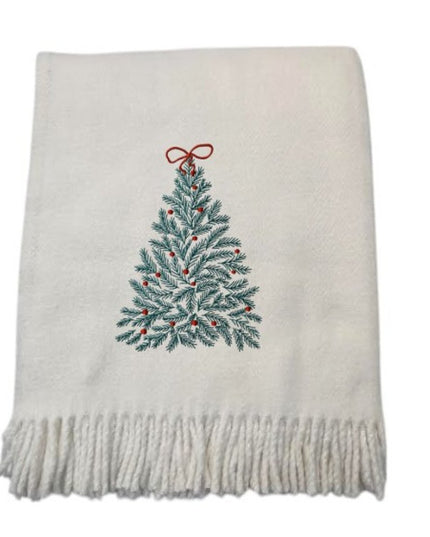 55" X 70" Cream Cotton Blend Woven Christmas Tree Embroidered Throw Blanket with Fringe