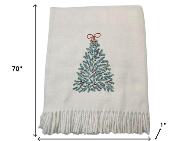 55" X 70" Cream Cotton Blend Woven Christmas Tree Embroidered Throw Blanket with Fringe