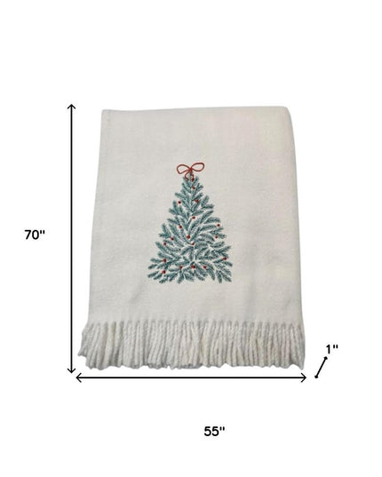 55" X 70" Cream Cotton Blend Woven Christmas Tree Embroidered Throw Blanket with Fringe