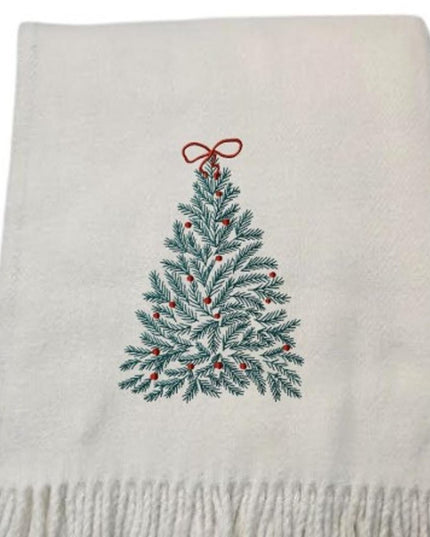 55" X 70" Cream Cotton Blend Woven Christmas Tree Embroidered Throw Blanket with Fringe