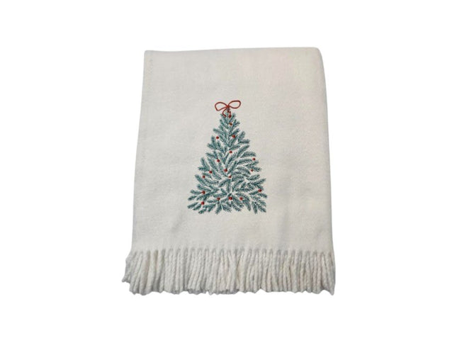 55" X 70" Cream Cotton Blend Woven Christmas Tree Embroidered Throw Blanket with Fringe