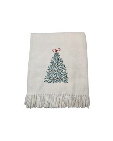 55" X 70" Cream Cotton Blend Woven Christmas Tree Embroidered Throw Blanket with Fringe