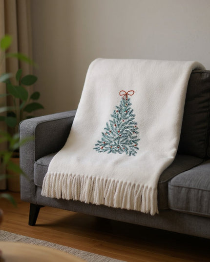 55" X 70" Cream Cotton Blend Woven Christmas Tree Embroidered Throw Blanket with Fringe
