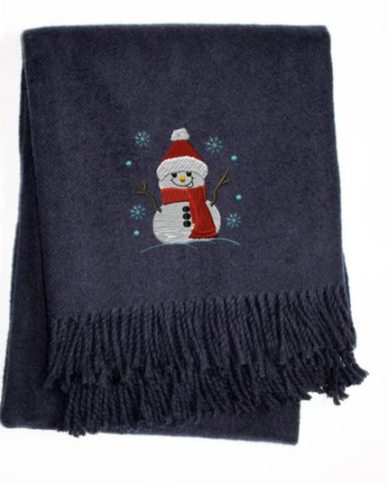 55" X 70" Navy BlueCotton Blend Woven Snowman Embroidered Throw Blanket with Fringe