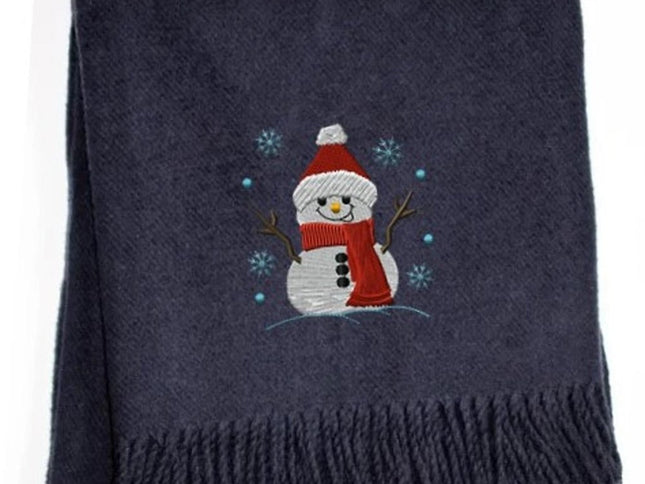 55" X 70" Navy BlueCotton Blend Woven Snowman Embroidered Throw Blanket with Fringe