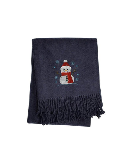55" X 70" Navy BlueCotton Blend Woven Snowman Embroidered Throw Blanket with Fringe