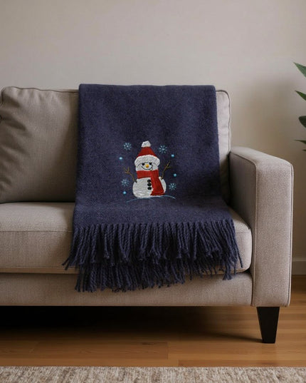 55" X 70" Navy BlueCotton Blend Woven Snowman Embroidered Throw Blanket with Fringe