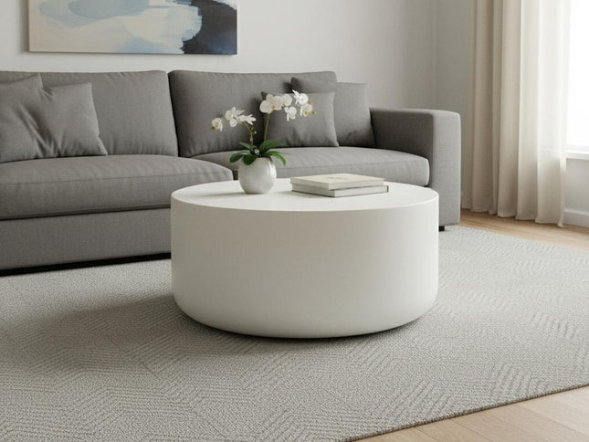 31" White Cement Round Drum Coffee Table