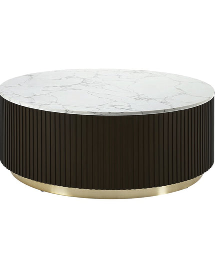 35" White Espresso and Gold Faux Marble Solid Wood and Steel Round Drum Coffee Table