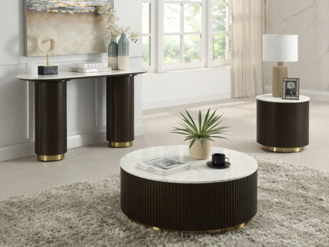 35" White Espresso and Gold Faux Marble Solid Wood and Steel Round Drum Coffee Table