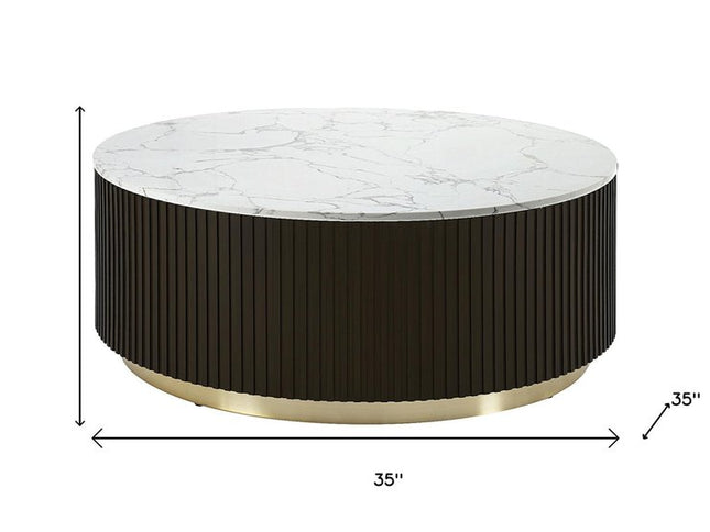 35" White Espresso and Gold Faux Marble Solid Wood and Steel Round Drum Coffee Table