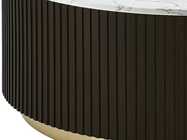 35" White Espresso and Gold Faux Marble Solid Wood and Steel Round Drum Coffee Table