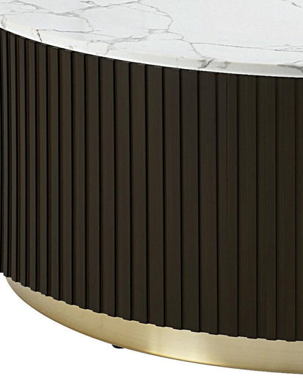 35" White Espresso and Gold Faux Marble Solid Wood and Steel Round Drum Coffee Table