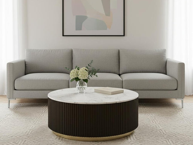 35" White Espresso and Gold Faux Marble Solid Wood and Steel Round Drum Coffee Table