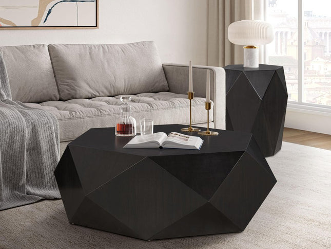 50" Black Wood Hexagon Block Coffee Table