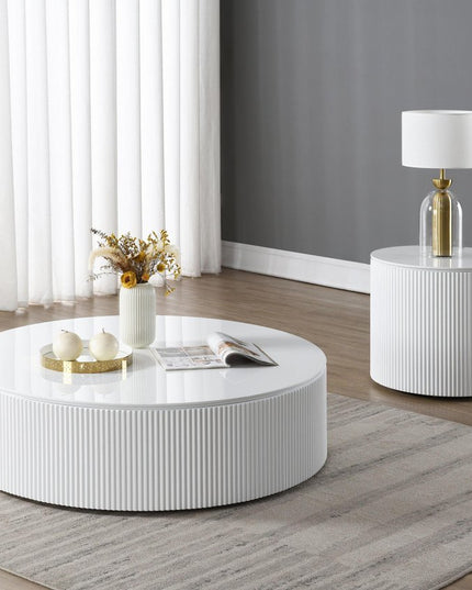 47" White Wood Round Drum Coffee Table