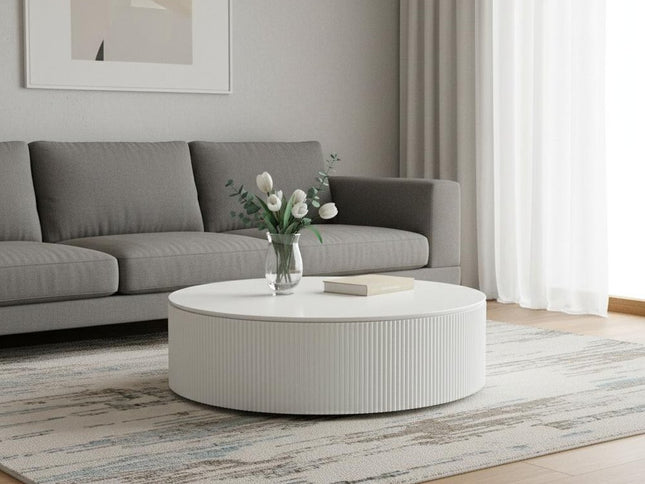 47" White Wood Round Drum Coffee Table