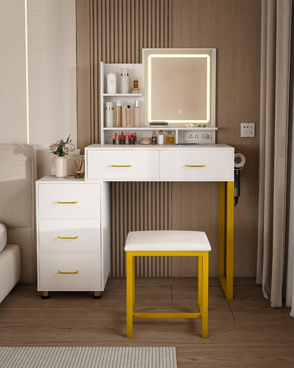 32" White Wood Lighted Five Drawer Dresser