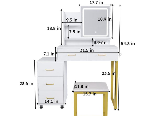 32" White Wood Lighted Five Drawer Dresser