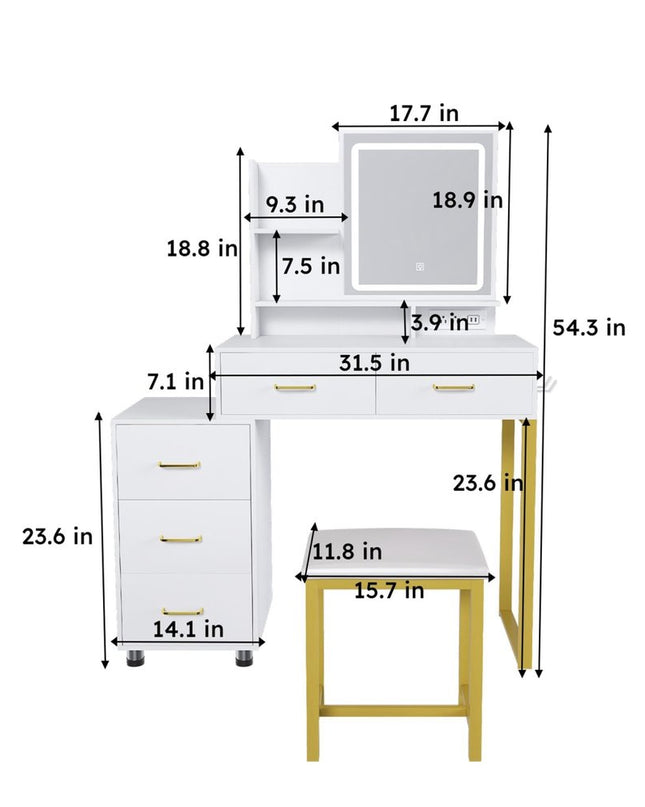 32" White Wood Lighted Five Drawer Dresser