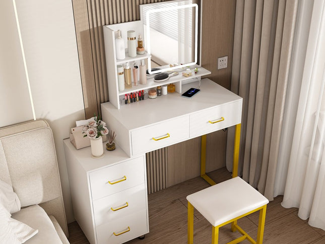 32" White Wood Lighted Five Drawer Dresser