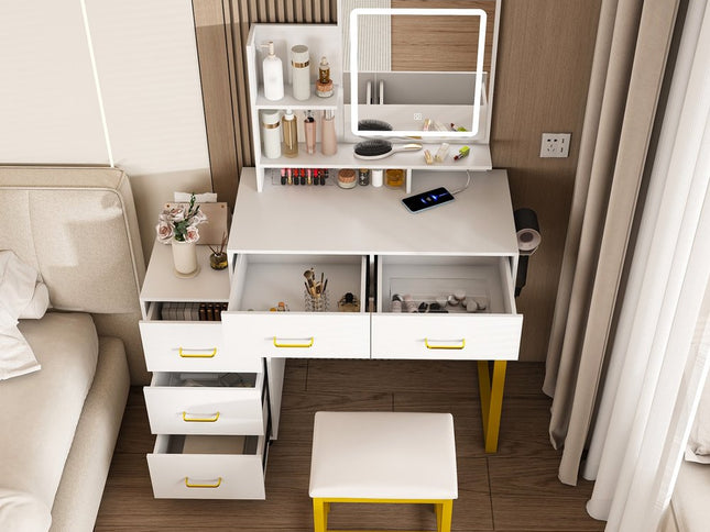 32" White Wood Lighted Five Drawer Dresser