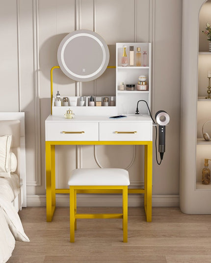 31" White Wood Lighted Two Drawer Dresser