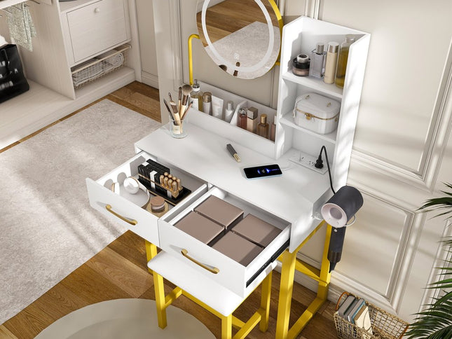 31" White Wood Lighted Two Drawer Dresser