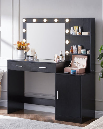 46" Black Wood Lighted Two Drawer Dresser