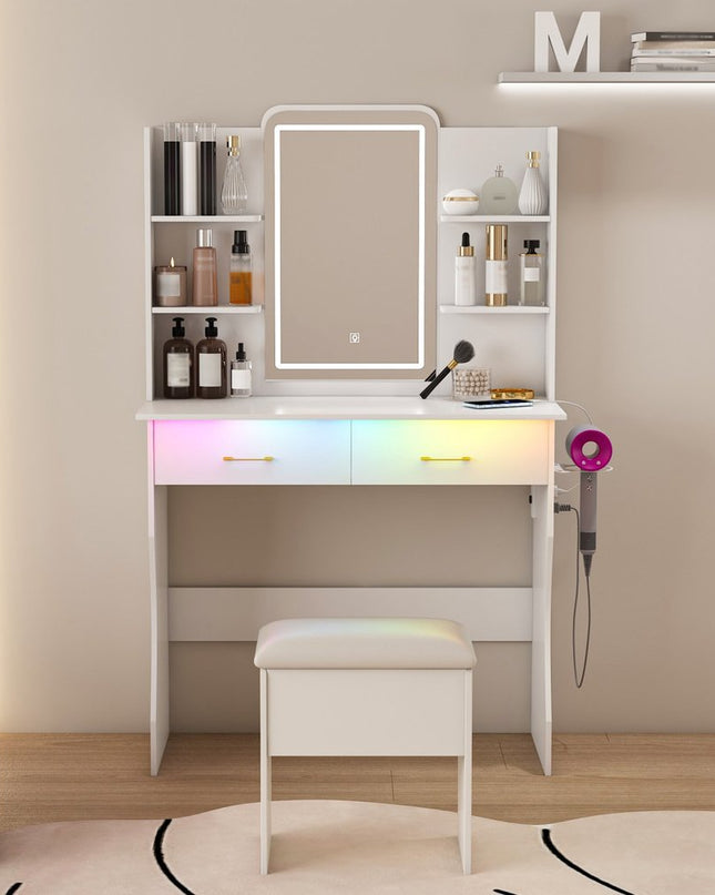 35" White Wood Lighted Two Drawer Dresser