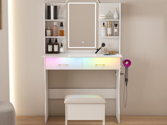 35" White Wood Lighted Two Drawer Dresser