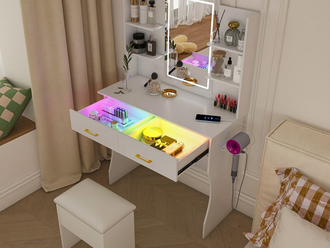 35" White Wood Lighted Two Drawer Dresser